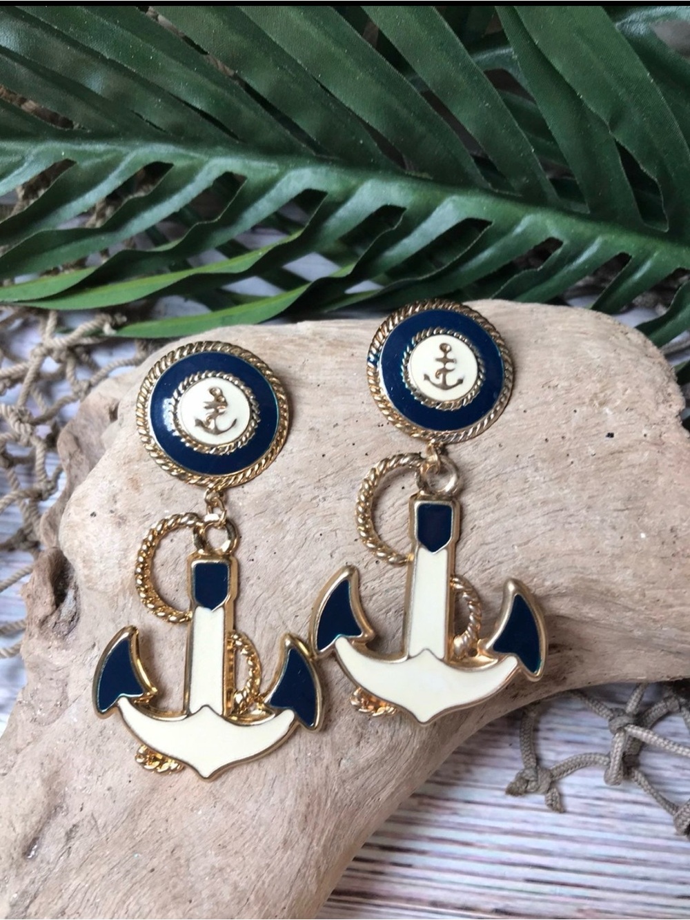 Vintage Navy Blue and Cream Anchor Drop Earrings